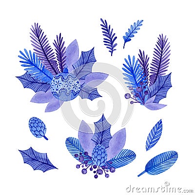 Set with watercolor bouquets of stylized winter twigs and leaves. Stock Photo