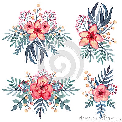 Set Of Watercolor Bouquets With Tropical Red Flowers Stock Photo