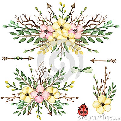 Set Of Watercolor Bouquets With Yellow Flowers and Green Leaves Stock Photo