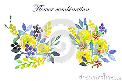 Set of watercolor bouquets with yellow flowers, leaves and plants Stock Photo