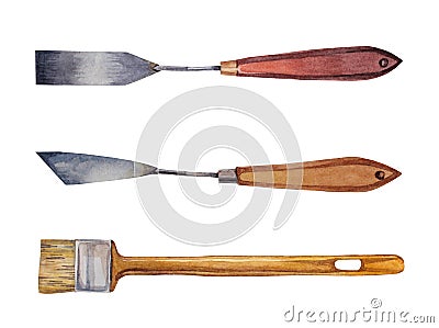 Set watercolor brown and gray palette knife for artist or repairs and brush isolated on white background. Art creative Stock Photo