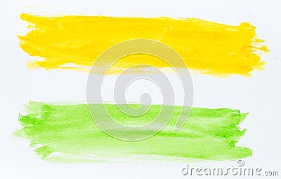 Set of watercolor brush strokes of green and yellow paint on white background. Watercolor abstract texture Stock Photo