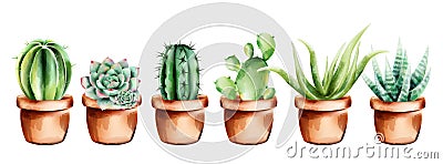 Set of watercolor cactus, aloe vera and flowers in ceramic pot Vector Illustration