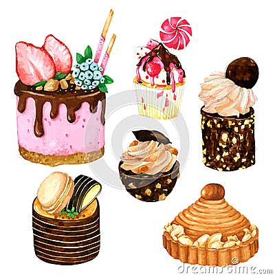 Set of watercolor Cakes. Vector watercolor, Hand drawn for Greeting Card, Vector Illustration