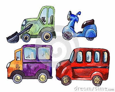 Set of watercolor car stickers, hand drawn Vector Illustration