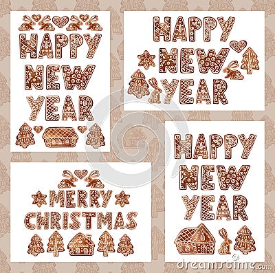 A set of watercolor cards with gingerbread in a fairy tale style. Stock Photo