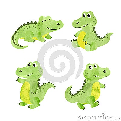 Set of watercolor cartoon crocodiles. Vector illustration of alligators Vector Illustration