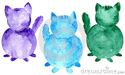 Set of watercolor cats. Hand painted purple blue and green silhouette isolated on white background Stock Photo