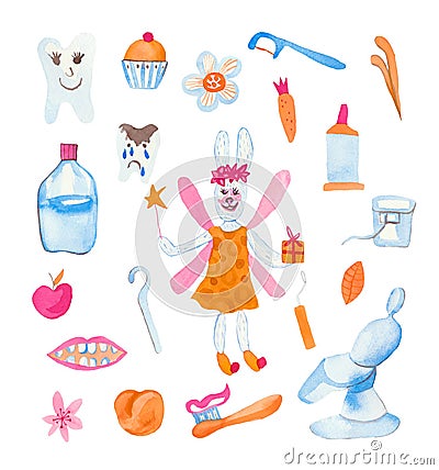 Set of watercolor children rabbit fairy,teeth,rinser, toothpaste,flowers Stock Photo