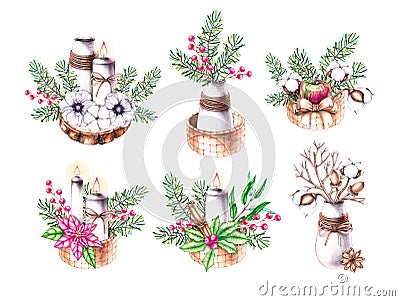 Set of watercolor Christmas bouquets in basket, vase Cartoon Illustration