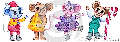 Set of watercolor Christmas characters. Different mouse Stock Photo