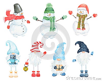 Set of Watercolor Christmas scandinavian gnomes and snowmen isolated on white background Cartoon Illustration