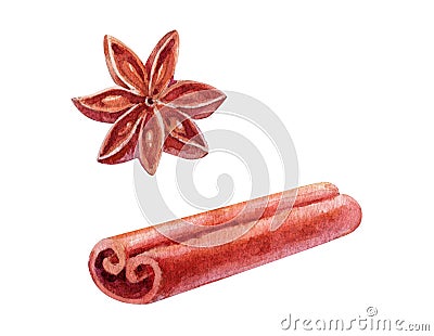 Set of watercolor cinnamon sticks and tea spices anise, on white background. Decorative element Stock Photo