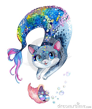 Set of watercolor cliparts. Cute mystical cats. Witch cats in a hat, a ghost cat, an angel cat and a demon, a fairy cat Stock Photo