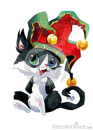 Set of watercolor cliparts. Fabulous fantastic medieval cats. Halloween theme, jester, princess, garfin, king, knight Stock Photo