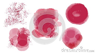 A set of watercolor colored spots. Red Viva Magenta water spots on a white background. Cartoon Illustration