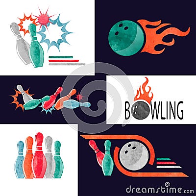 Set of watercolor colorful bowling logo, icons and symbols. Vector Illustration