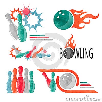 Set of watercolor colorful bowling logo, icons and symbols isolated on white. Vector Illustration