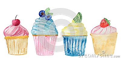 Set of watercolor cupcakes with different ornaments of berries and spicy herbs. raster illustration for design Cartoon Illustration