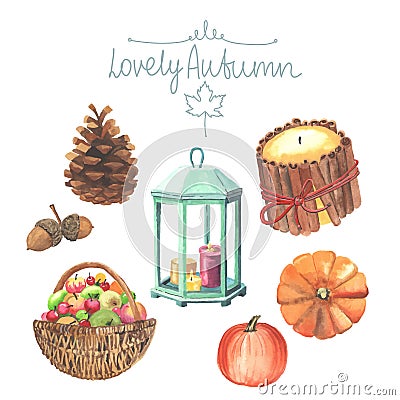Set of watercolor cute autumn elements. Vector Illustration