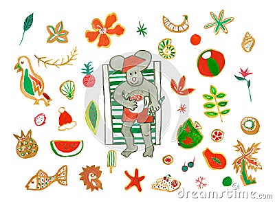 Set with watercolor Dad mouse drinks cocoa tropical Christmas holiday Cartoon Illustration