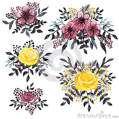 Set of Watercolor Dark Bouquets with Burgundy and Yellow Flowers Stock Photo