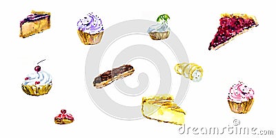 Set of watercolor desserts. Muffins, cupcakes, profiteroles, eclairs, cheesecake, cake, biscuit. Stock Photo