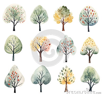 Set of watercolor different trees in nordic style isolated on white background Stock Photo