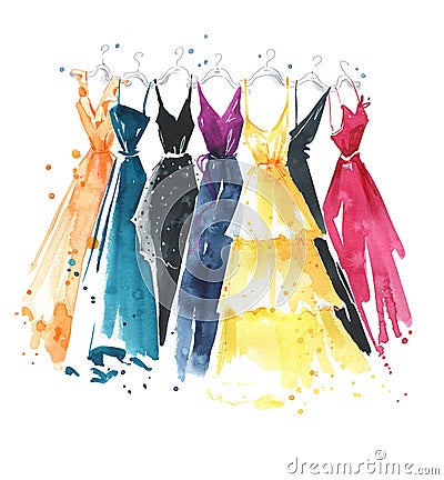 Set of watercolor dresses on hangers, fashion illustration Cartoon Illustration