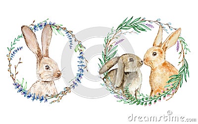 Set Watercolor Easter bunny with floral wreath Cartoon Illustration