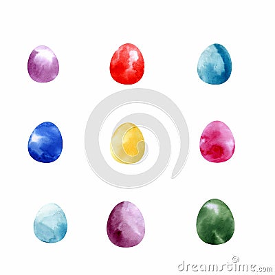 Set of Watercolor Eggs, Easter Holiday Decorations, Isolated on White Design Elements. Stock Photo