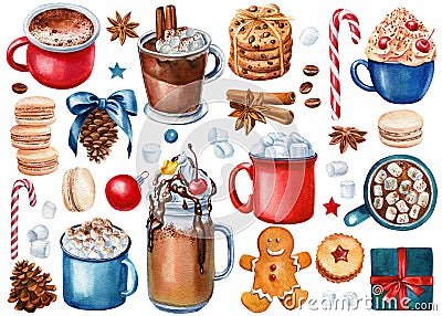 Set watercolor elements. Cup cocoa and sweets, cookies, macaroon, marshmallow, cinnamon, anise and coffee beans. Cartoon Illustration