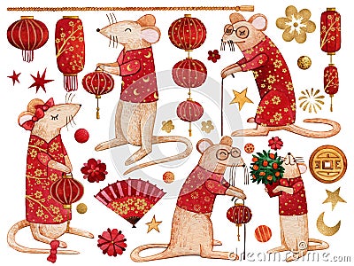 Set of watercolor elements with rats in red costumes for the celebration of the Chinese New Year 2020. Stock Photo