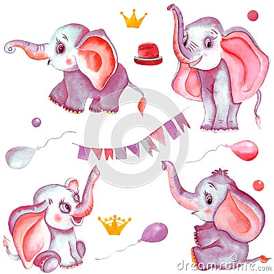 Set of watercolor elephant with balloons. Romantic pink and blue elephant with pink ears. Sweet animals. elephant in a golden Stock Photo