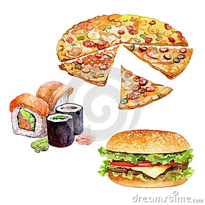 Set of watercolor fast-food with Burger, Sushi, Pizza pieces Stock Photo