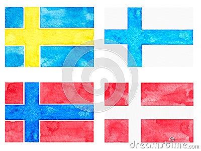 Set of Watercolor Flags. Countries: Denmark, Norway, Finland, Sweden Stock Photo