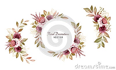 Set of watercolor floral arrangements of brown and burgundy roses and leaves. Botanic decoration illustration for wedding card, Vector Illustration