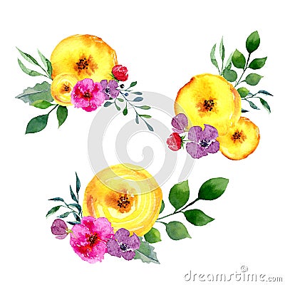 Set of watercolor floral arrangements. Collection of natural hand drawn prints with summer flowers and leaves Stock Photo