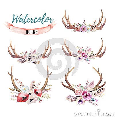 Set of watercolor floral boho antler print. western bohemian de Cartoon Illustration