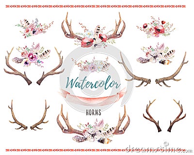 Set of watercolor floral boho antler print. western bohemian de Cartoon Illustration