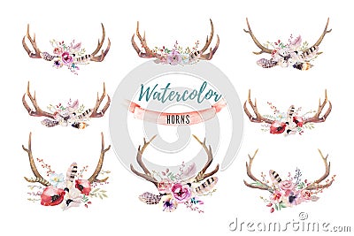 Set of watercolor floral boho antler print. western bohemian de Cartoon Illustration