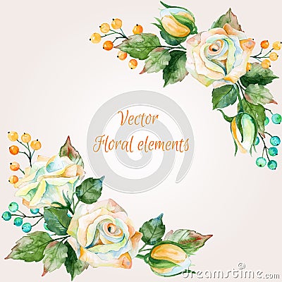 Set of watercolor floral bouquets for design. Illustration of white roses. Vector Illustration