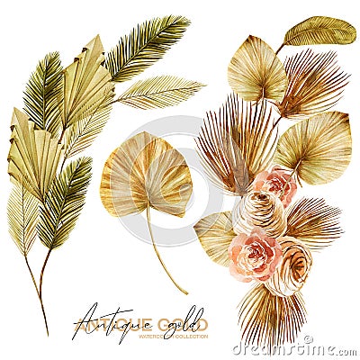 Set of watercolor floral bouquets of golden dried fan palm leaves, roses, pampas grass and exotic plants Cartoon Illustration