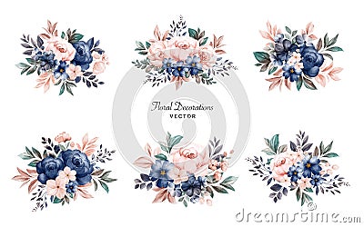 Set of watercolor floral frame bouquets of navy and peach roses and leaves. Botanic decoration illustration for wedding card, Cartoon Illustration