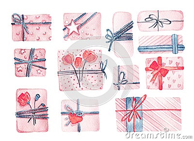 Set of watercolor gift boxes. Cute isolated icons. Stock Photo