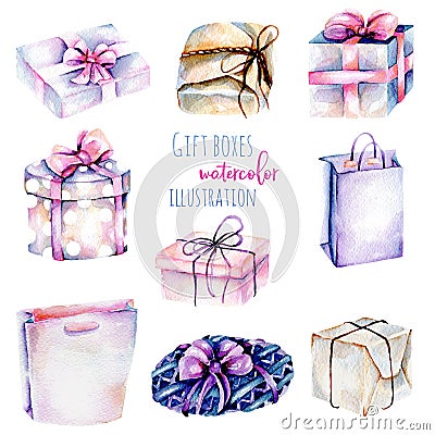 Set of watercolor gift boxes Stock Photo