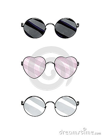 Set of watercolor glasses. Sunglasses, rose-colored heart-shaped glasses and optical glasses Cartoon Illustration