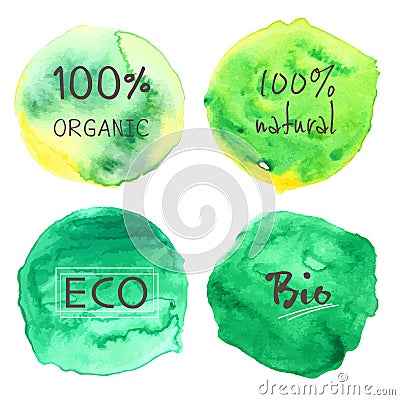 Set of watercolor green organic logo. Vector Illustration