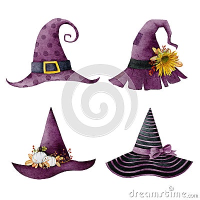 Set of watercolor Halloween purple witch Hats set 2. Vector illustration Vector Illustration