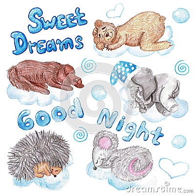 Set of watercolor hand drawn children illustrations with sleeping animals on blue clouds Cartoon Illustration